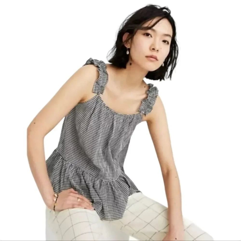 EC MADEWELL BUFFALO PLAID CAMI W/ RUFFLED HEM & FRINGED STRAPS 100% COTTON SZ.8
